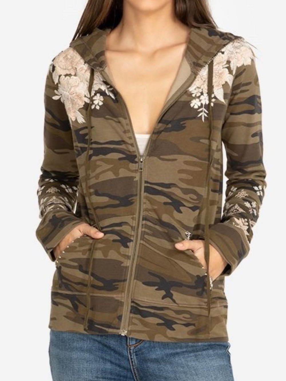 Johnny Was Camo Floral Embroidered Zip Hoodie